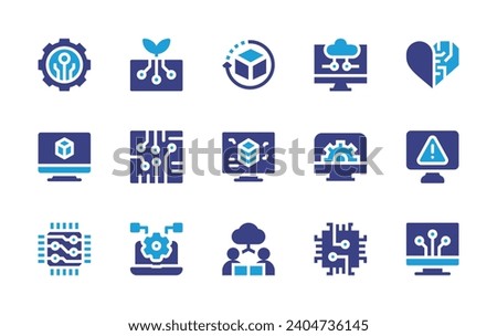 Technology icon set. Duotone color. Vector illustration. Containing technology, artificial heart, product development, ground, design, alert, field, circuit, microchip, digitalization, cloud computing