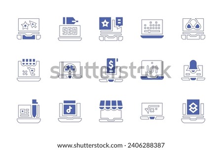 Laptop icon set. Duotone color. Vector illustration. Containing seo, music controller, rating, star, summer sale, hardware, user interface, shopping online, bill, notification, music, mathematics.