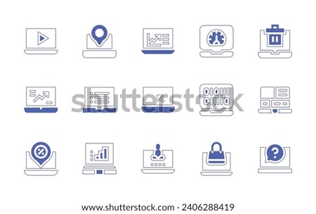 Laptop icon set. Duotone color. Vector illustration. Containing trade, laptop, dashboard, binary, online shopping, paper bin, edit, question mark.