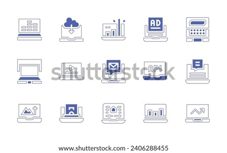 Laptop icon set. Duotone color. Vector illustration. Containing laptop, ad, application, stats, profit, digital marketing, domotics, cloud storage, video player, online payment.