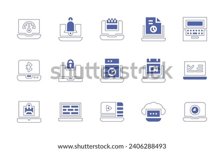 Laptop icon set. Duotone color. Vector illustration. Containing laptop, report, calendar, cloud computing, appointment, speed, online video, notification, lock, firewall.