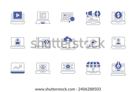 Laptop icon set. Duotone color. Vector illustration. Containing cyber security, stats, online payment, video call, email, pen, blueprint, online shopping, upload, skull, neuromarketing, video tutorial