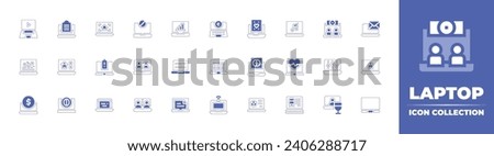 Laptop icon collection. Duotone color. Vector and transparent illustration. Containing laptop, banned, virtual event, chat, options, videocall, grave, online game, house rental, advertisement.