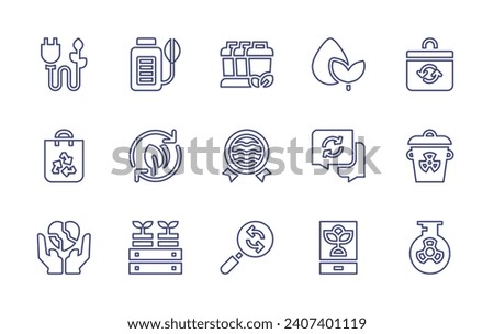 Ecology line icon set. Editable stroke. Vector illustration. Containing green energy, shopping bag, heart, battery, leaves, box, recycling container, reward, recycling, water, recycle bag, residue.