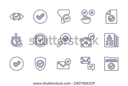 Checkmark line icon set. Editable stroke. Vector illustration. Containing accept, verification, shield, document, registered, folder, vision, time, filter, check, search, email, rating, first aid kit.