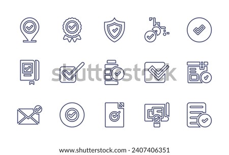 Checkmark line icon set. Editable stroke. Vector illustration. Containing badge, check, yes, box, accept, placeholder, book, shield, email, battery, approved, wheelchair, blueprint.