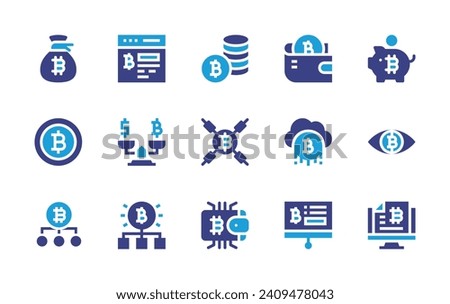 Bitcoin icon set. Duotone color. Vector illustration. Containing bitcoin symbol, bitcoins, bitcoin, browser, wallet, balance, cloud, structure, presentation.