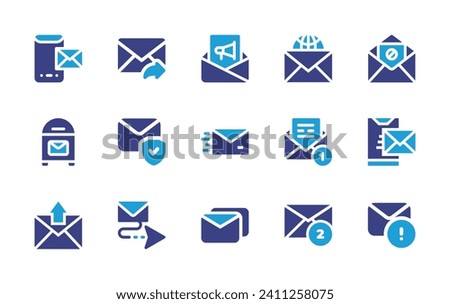 Mail icon set. Duotone color. Vector illustration. Containing send email, mail, secure mail, email, newsletter, block, message, post office, envelope, files and folders, error message.