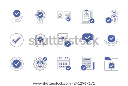 Checkmark icon set. Duotone style line stroke and bold. Vector illustration. Containing success, correct, done, identification, check, calendar, badge, prize, check list, update, newspaper, baby area.