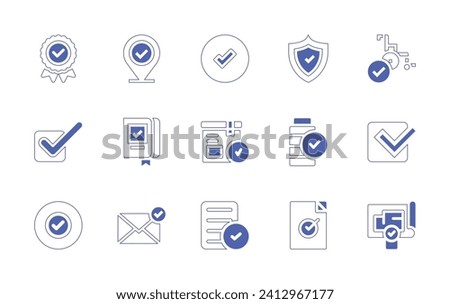 Checkmark icon set. Duotone style line stroke and bold. Vector illustration. Containing badge, check, yes, box, accept, placeholder, book, shield, email, battery, approved, wheelchair, blueprint.
