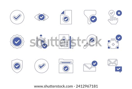 Checkmark icon set. Duotone style line stroke and bold. Vector illustration. Containing accept, verification, shield, document, registered, folder, vision, time, filter, check, search, email, rating.