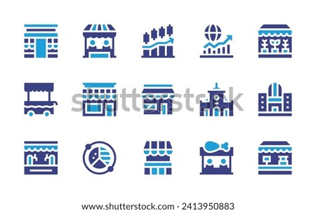 Market icon set. Duotone color. Vector illustration. Containing food stall, global economy, stock market, store, ben thanh market, market, chicken, plants, beer, stand, food cart, shopping mall.