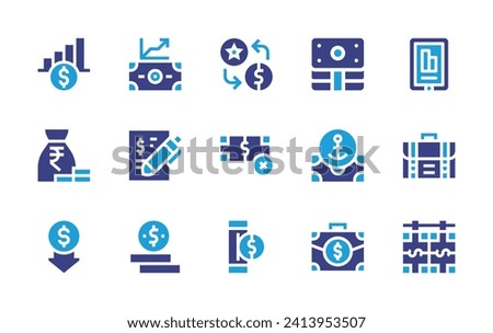 Finance icon set. Duotone color. Vector illustration. Containing finance, rupee, low price, money, purchase, stats, briefcase, case, transfer, money laundering, no money, insert coin, growing.