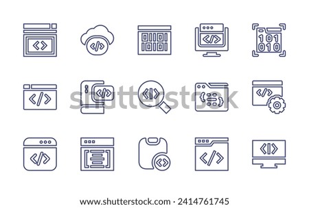 Programming line icon set. Editable stroke. Vector illustration. Containing bracket, code, coding, programing, web programming, meta, digital, computing, cloud, software, book.