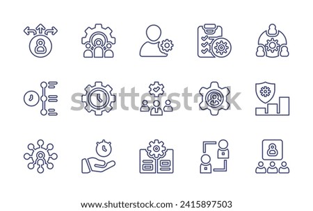 Manager line icon set. Editable stroke. Vector illustration. Containing opportunity, team work, manager, team, check list, timeline, risk management, time management, gear, sharing, guide, save time.