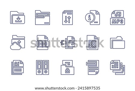 File line icon set. Editable stroke. Vector illustration. Containing download, folder, upload, doc, ai format, storage, transfer, file, mp file, files.