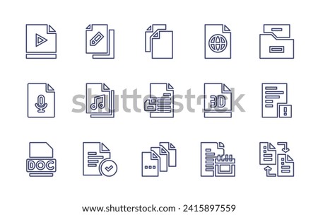 File line icon set. Editable stroke. Vector illustration. Containing video, file, audio, music, doc file, transfer, files, saved.