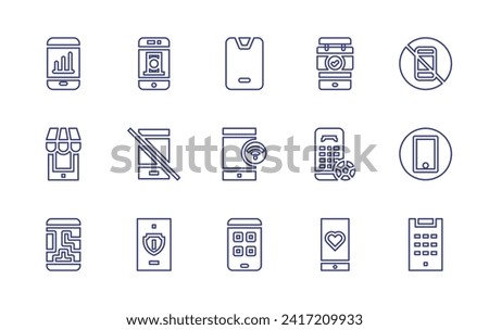 Smartphone line icon set. Editable stroke. Vector illustration. Containing smartphone, no smartphones, mobile, phone, online shop, tetris, reminder, soccer, medical app.