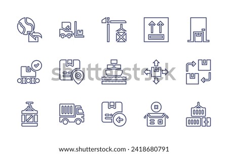 Logistics line icon set. Editable stroke. Vector illustration. Containing import, home delivery, box, renewable, package, containers, cargo crane, side up, forklift, cargo, location, return box, truck
