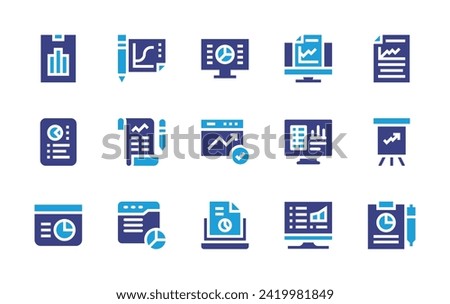 Analytics icon set. Duotone color. Vector illustration. Containing analytics, tablet, browser, analysis, data, computer, spreadsheet app, report, clipboard, pie chart, stocks.