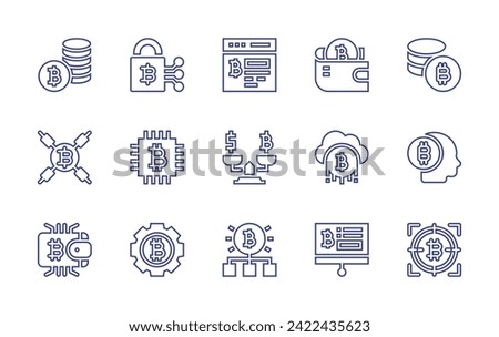 Bitcoin line icon set. Editable stroke. Vector illustration. Containing lock, bitcoin symbol, coins stack, bitcoin, bitcoins, browser, wallet, balance, cloud, structure, presentation.