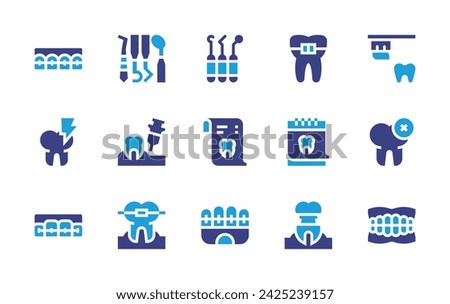 Dental icon set. Duotone color. Vector illustration. Containing braces, dentist tools, tools, toothbrush, calendar, anesthesia, x ray, decay, tooth, implant, brackets, teeth.