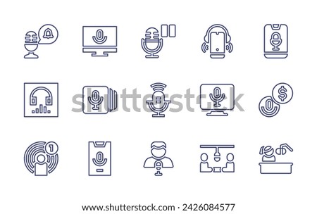Podcast line icon set. Editable stroke. Vector illustration. Containing podcast, listen now, notification, pause, smartphone.