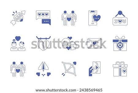 Valentine's Day icon set. Duotone style line stroke and bold. Vector illustration. Containing texting, message, pendant, letter, paper plane, married, heart, i love you, chat, couple, love, arrow.