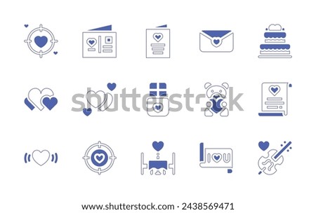 Valentine's Day icon set. Duotone style line stroke and bold. Vector illustration. Containing wedding invitation, target, cake, love letter, postcard, chocolate, heart, teddy bear, hearts, date, beat.