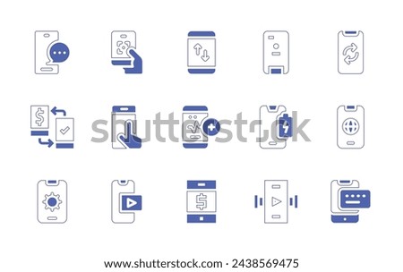 Smartphone icon set. Duotone style line stroke and bold. Vector illustration. Containing chat, sync, smartphone, phone case, qr code, online transfer, network, medical app, low battery, touch, setting