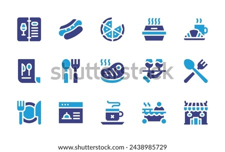 Restaurant icon set. Duotone color. Vector illustration. Containing pizza, hotdog, croissant, steak, spoon, cutlery, mug, restaurant, asian restaurant, menu, waitress, wine menu, box, dinner, food.