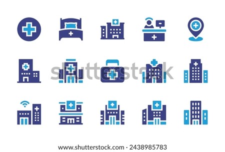 Hospital icon set. Duotone color. Vector illustration. Containing hospital, pharmacy, placeholder, hospitalbed, firstaidkit, condo.