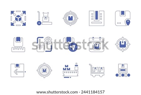 Logistics icon set. Duotone style line stroke and bold. Vector illustration. Containing trolley, box, target, extendable, location, worldwide, calendar, gps, ruler, shipping, cargo ship, return box.