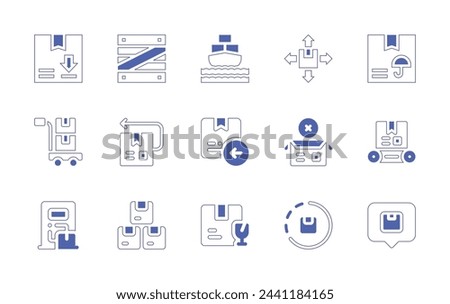 Logistics icon set. Duotone style line stroke and bold. Vector illustration. Containing cargo, box, keep dry, wooden box, return box, trolley, conveyor belt, return, fragile parcel, home delivery.