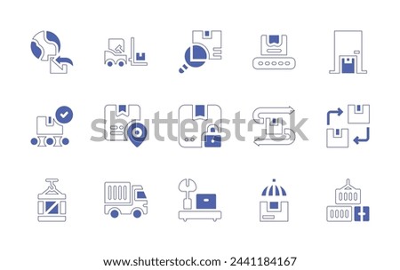Logistics icon set. Duotone style line stroke and bold. Vector illustration. Containing package, import, home delivery, secure, box, renewable, scale, containers, conveyor belt, forklift, delivery.