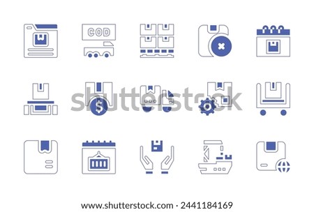 Logistics icon set. Duotone style line stroke and bold. Vector illustration. Containing cash on delivery, invest, calendar, trolley, parcel weight, out of stock, pallet, management, delivery truck.