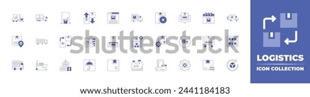 Logistics icon collection. Duotone style line stroke and bold. Vector illustration. Containing home delivery, renewable, containers, trolley, parcel weight, return box, consultation, transport.