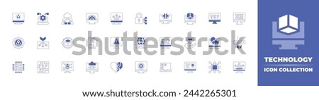 Technology icon collection. Duotone style line stroke and bold. Vector illustration. Containing technology, artificial heart, digital disruption, product development, laptop, ground, design, alert.