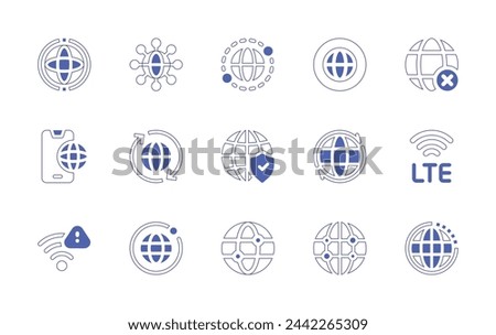 Internet icon set. Duotone style line stroke and bold. Vector illustration. Containing www, localization, global connection, worldwide, internet, internet security, internet browser, wifi, global, web