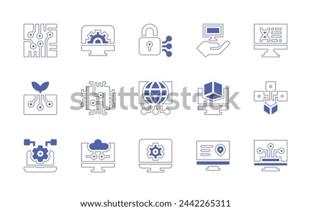 Technology icon set. Duotone style line stroke and bold. Vector illustration. Containing ground, circuit, digital, technology, computer, distributed, cyber security, dna, engineering, cpu, travel.