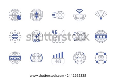 Internet icon set. Duotone style line stroke and bold. Vector illustration. Containing world wide web, g, globalization, globe, internet, world, worldwide, 4g, speedometer, browser, wifi.