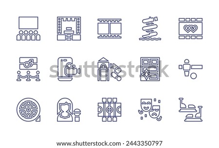 Entertainment line icon set. Editable stroke. Vector illustration. Containing record, comic, film strip, singer, water slide, theater, museum, theatre, stage, film, wedding video, playground.