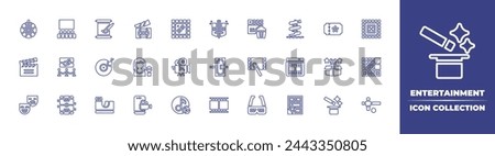 Entertainment line icon collection. Editable stroke. Vector illustration. Containing lp, cinema, film, video camera, ticket, record, comic, d glasses, music, singer, lottery game, magic, water slide.