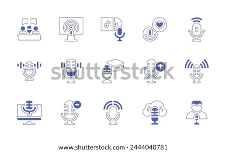 Podcast icon set. Duotone style line stroke and bold. Vector illustration. Containing micro, podcast, desktop, cloud, minus, favorite, microphone, upload.