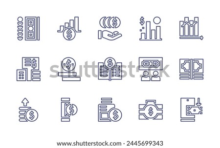Finance line icon set. Editable stroke. Vector illustration. Containing finance, deposit, profit, bar chart, record book, wealth, money, budget, cash flow, investor, insert coin, wad, savings, coin.