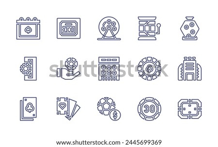 Betting line icon set. Editable stroke. Vector illustration. Containing bet, lotto, chips, casino, scratch, calendar, playing card, poker cards, casino chip, token, lottery, slot machine, poker chip.