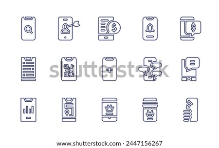 Mobile line icon set. Editable stroke. Vector illustration. Containing comment, add, phone, notification, digital merchandising, online payment, pet care, discount, message.