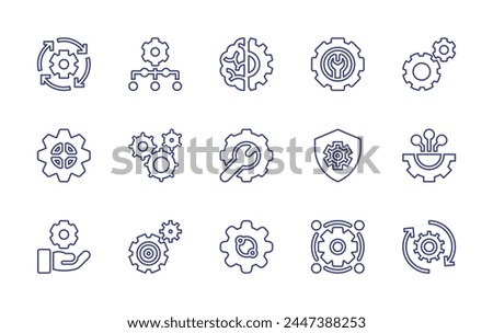 Gear line icon set. Editable stroke. Vector illustration. Containing settings, recovery, gear, technology, exchange, shield, setting, hierarchy, technical support.