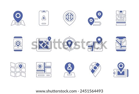 GPS icon set. Duotone style line stroke and bold. Vector illustration. Containing route, location, map, gps, target, place, google maps, street map, navigator.