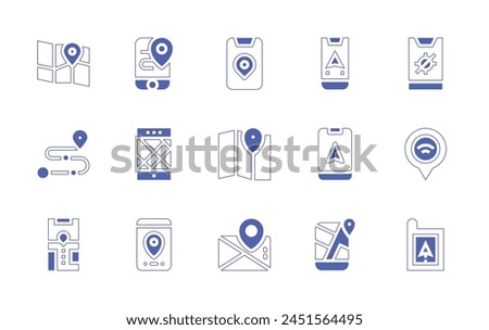 GPS icon set. Duotone style line stroke and bold. Vector illustration. Containing map, location, pointer, share, gps, no gps.